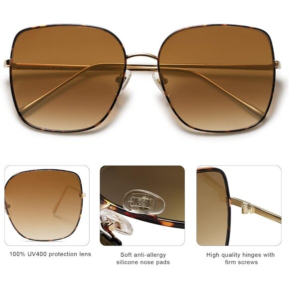 ✨Women Brown Trendy Oversized Square Metal Frame Retro Big Flat Lens Sunglasses main image 5
